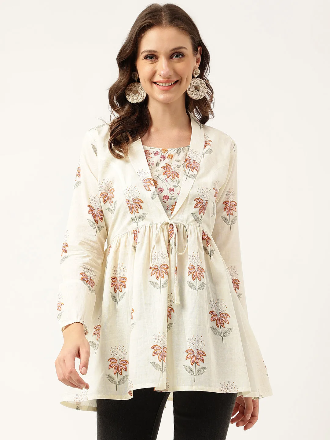 Floral Printed Cream Empire Cotton Tops