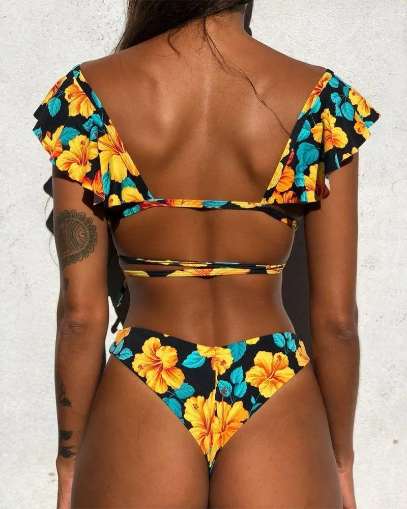 Flower Print Sleeveless Ruffles Bra With Panties Bikini Sets