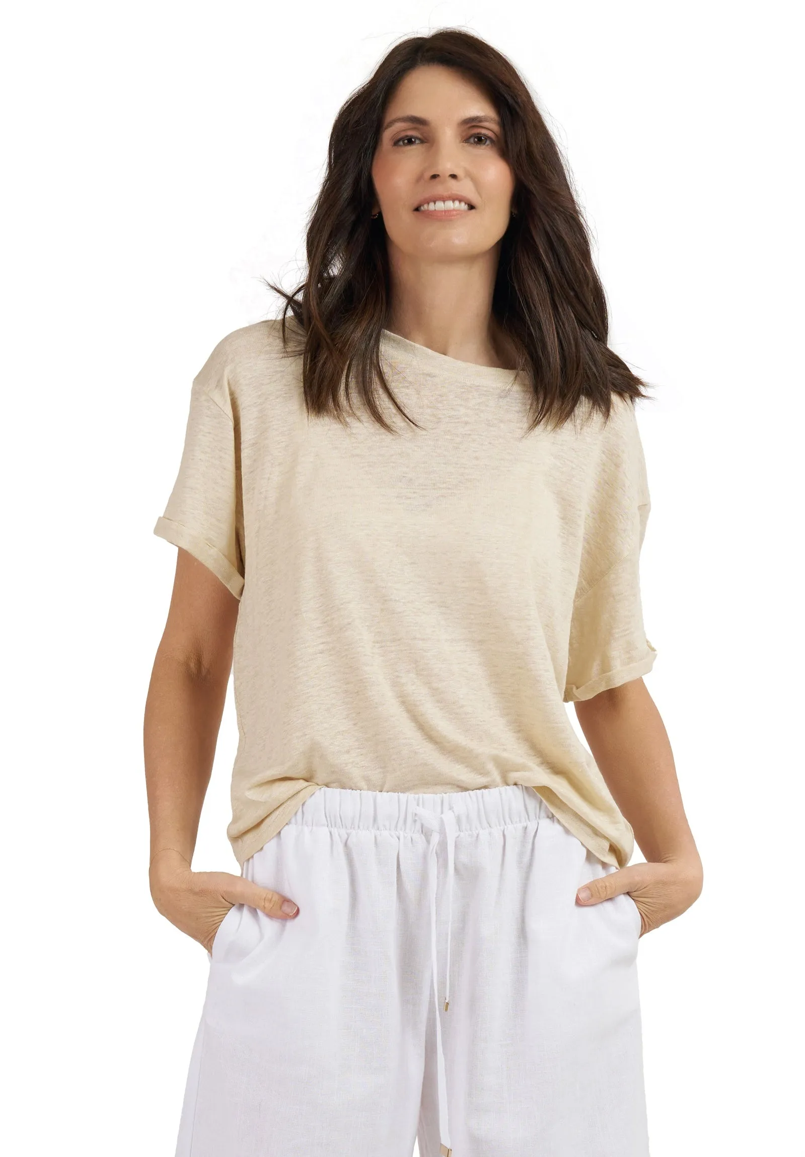 Francy-Linen Natural Rolled Sleeve T-Shirt