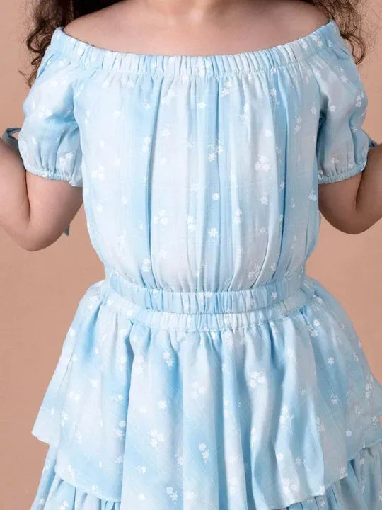 Girls Blue Printed Top With Skirt - Ps Peaches