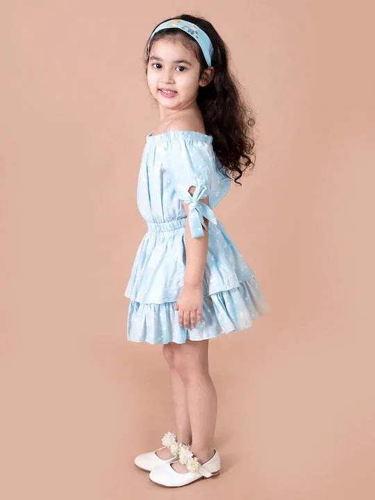 Girls Blue Printed Top With Skirt - Ps Peaches