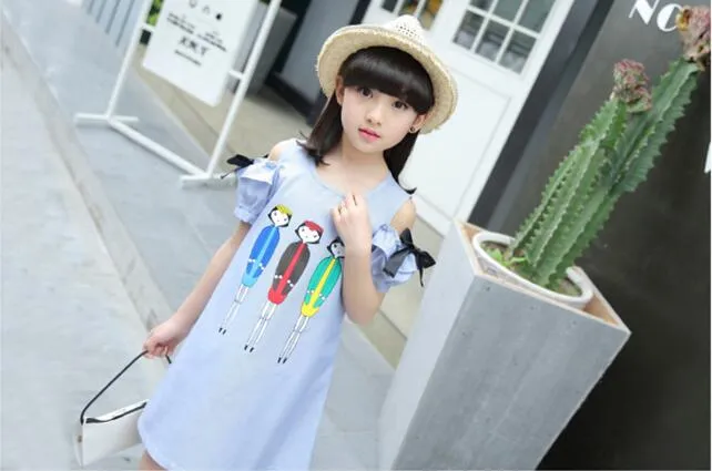 Girls Blue Striped Dress Children Summer Off the Shoulder Cartoon Characters Printed A-Line Party Dress Kids Casual Dress