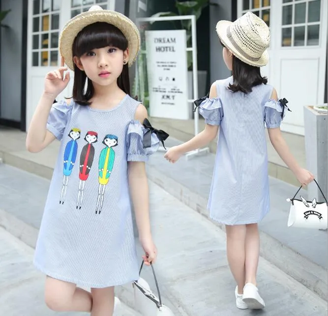 Girls Blue Striped Dress Children Summer Off the Shoulder Cartoon Characters Printed A-Line Party Dress Kids Casual Dress