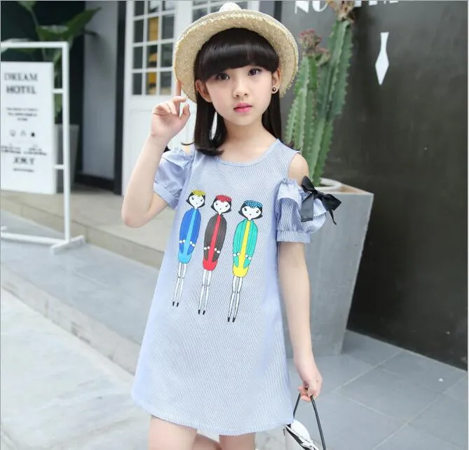 Girls Blue Striped Dress Children Summer Off the Shoulder Cartoon Characters Printed A-Line Party Dress Kids Casual Dress