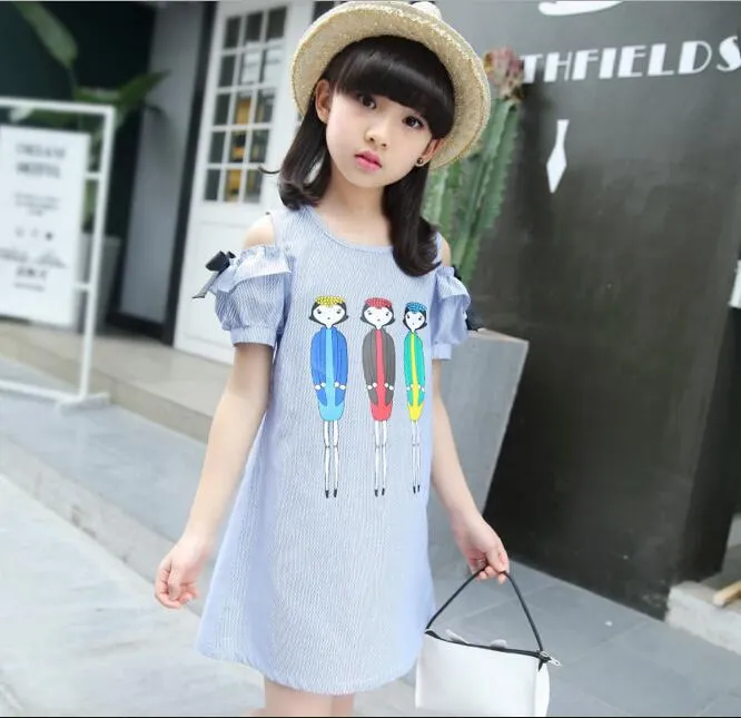 Girls Blue Striped Dress Children Summer Off the Shoulder Cartoon Characters Printed A-Line Party Dress Kids Casual Dress