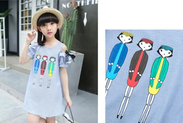 Girls Blue Striped Dress Children Summer Off the Shoulder Cartoon Characters Printed A-Line Party Dress Kids Casual Dress