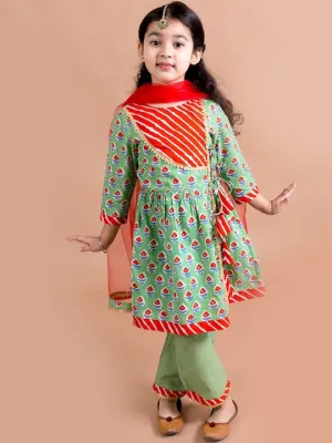 Girls Green Floral Printed Pure Cotton Kurta Set - Ps Peaches