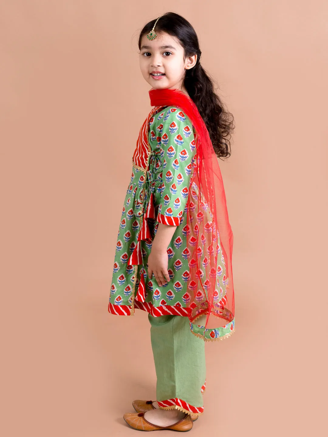 Girls Green Floral Printed Pure Cotton Kurta Set - Ps Peaches