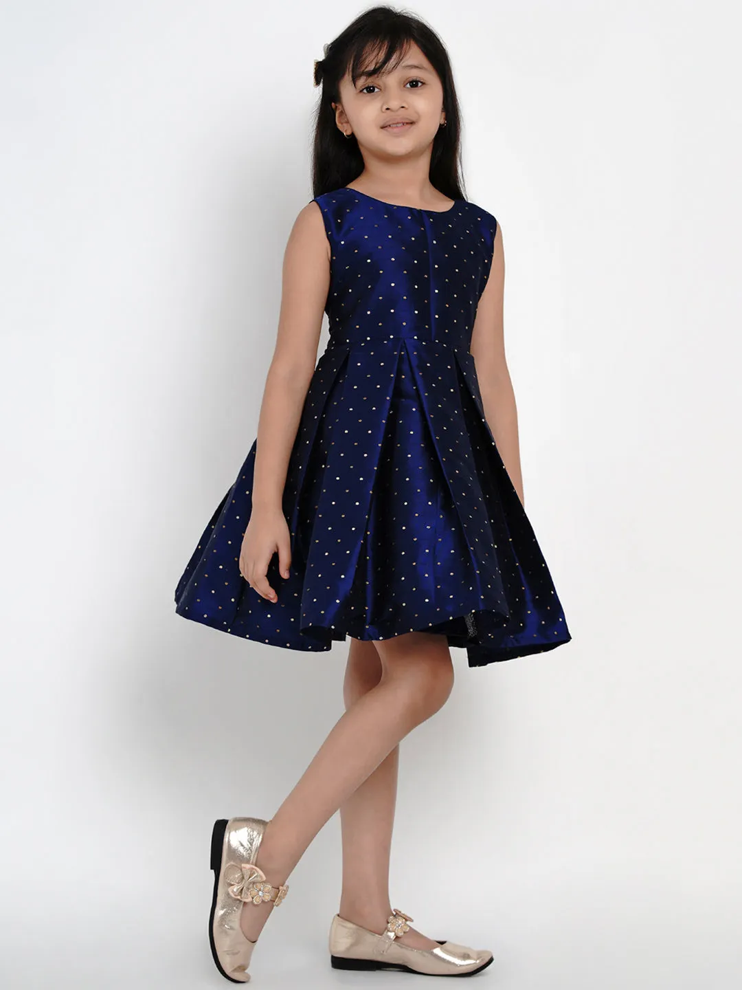 Girl's Navy Blue Woven Design A-Line Fit And Flare Dress - Bitiya By Bhama