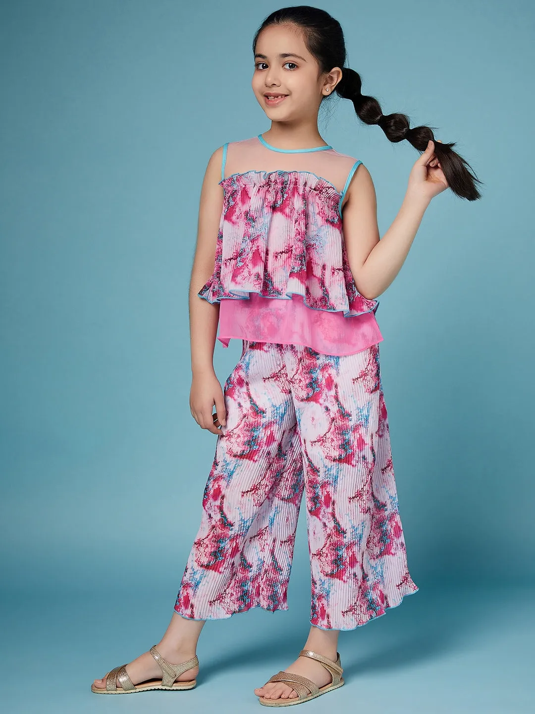 Girls Printed Sleeveless Top With Palazzos - Ps Peaches