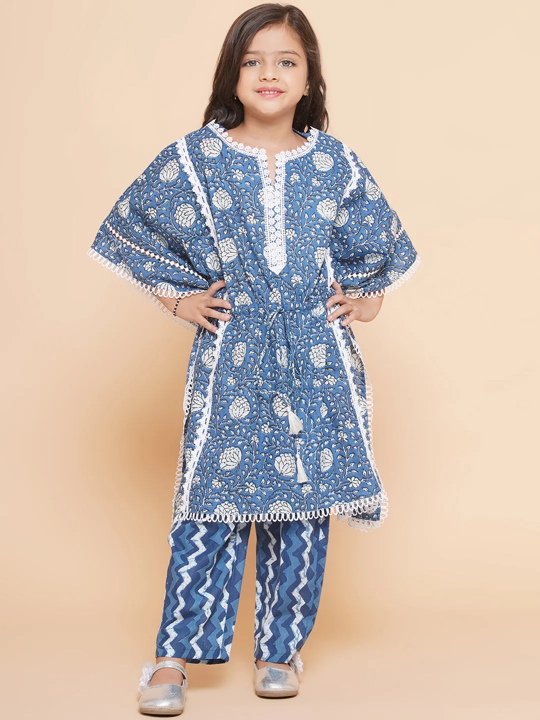 Girl's Printed V- Neck Kaftan Kurta With Palazzos - Bitiya By Bhama