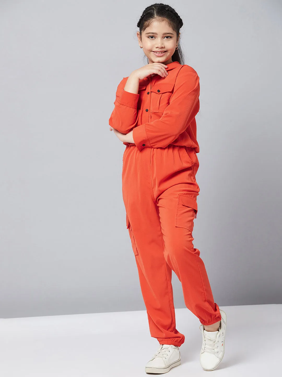 Girl's Solid Top with Track Pant Orange - StyloBug KIDS