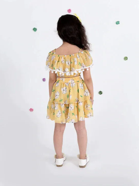 Girls Yellow Floral Print Off Shoulder Top Skirt Set - Ps Peaches