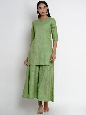 Green And Gold-Toned Striped Kurta With Palazzos