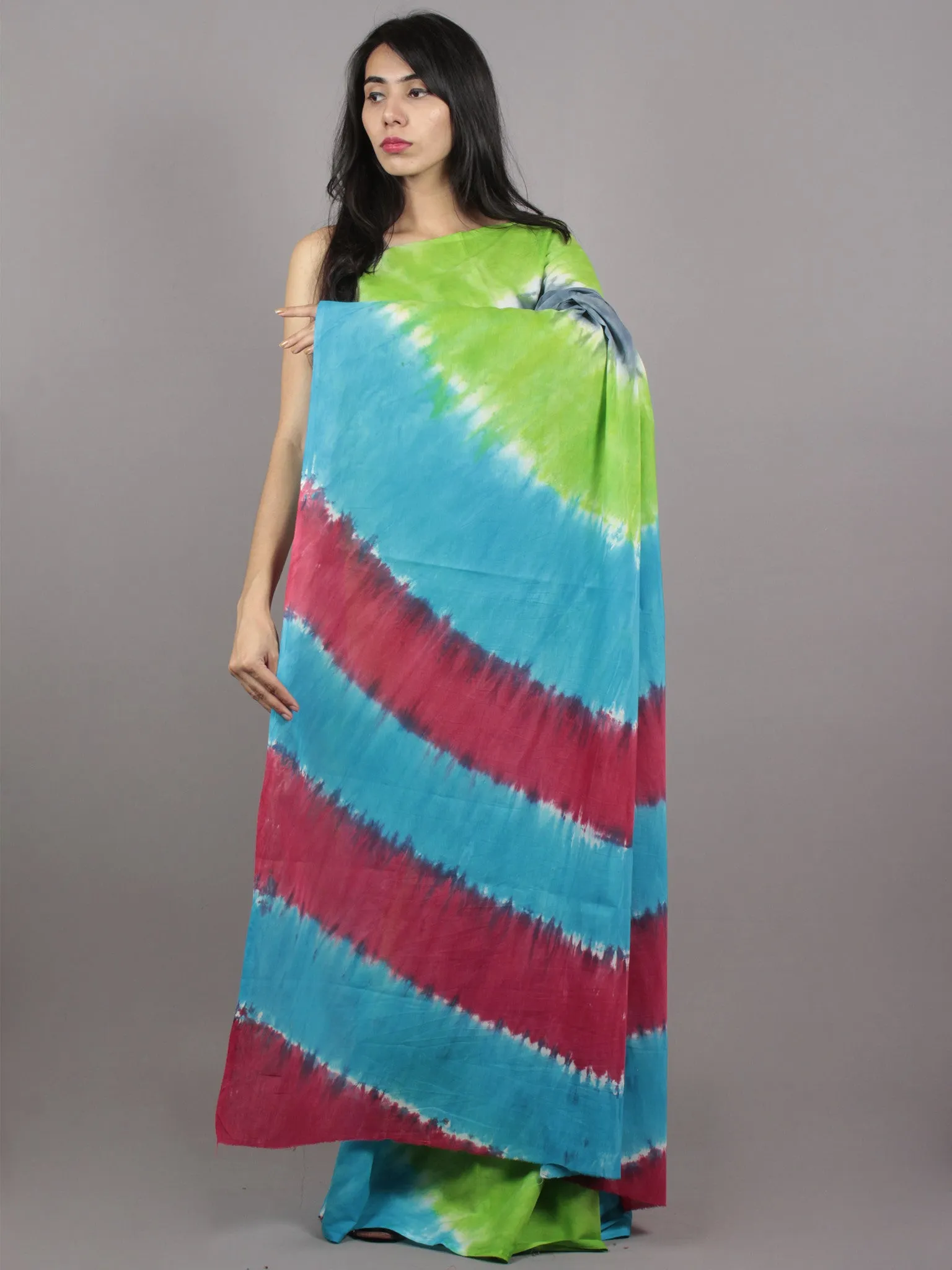 Green Blue Grey Ivory Hand Shibori Dyed Cotton Saree - S031701566