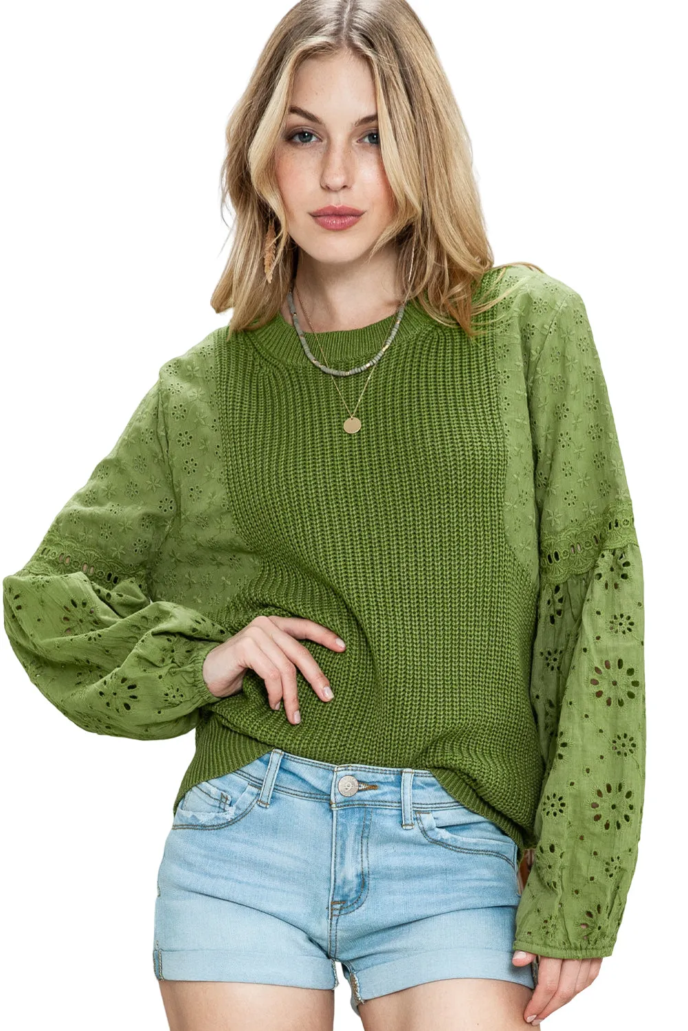 Green Eyelet Drop Shoulder Long Sleeve Pullover Sweater