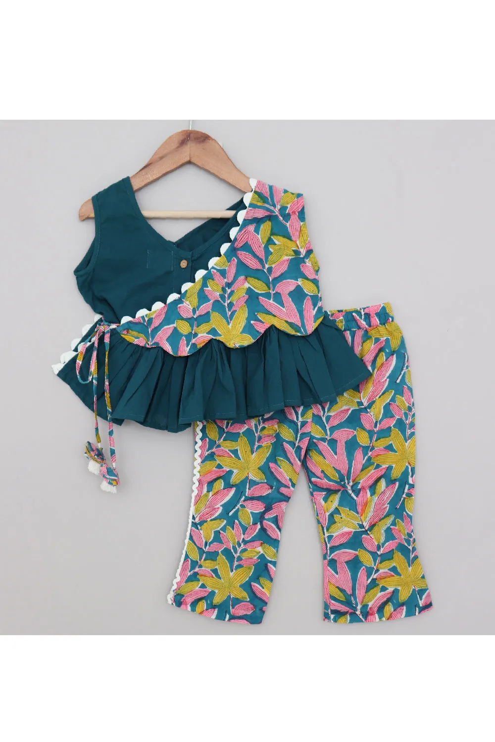 Green Floral Printed Cotton Peplum Style Top With Pant Set