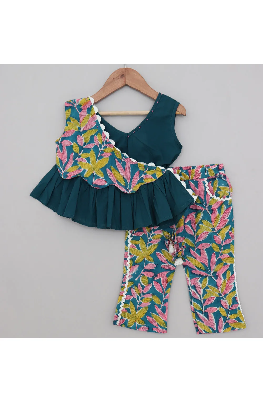 Green Floral Printed Cotton Peplum Style Top With Pant Set