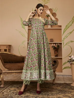 Hand Block Floral Printed Green Anarkali Cotton Kurta With Trousers