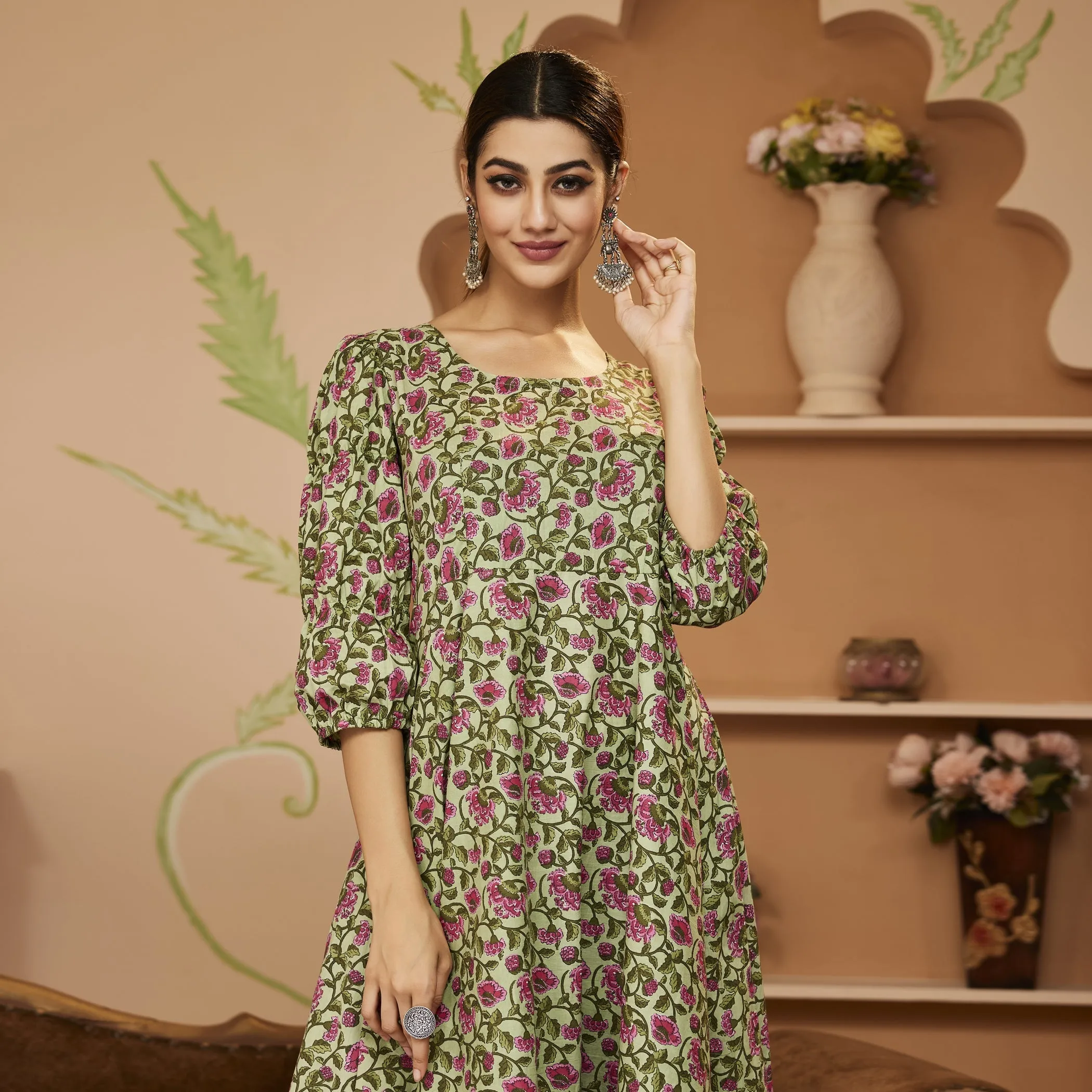 Hand Block Floral Printed Green Anarkali Cotton Kurta With Trousers