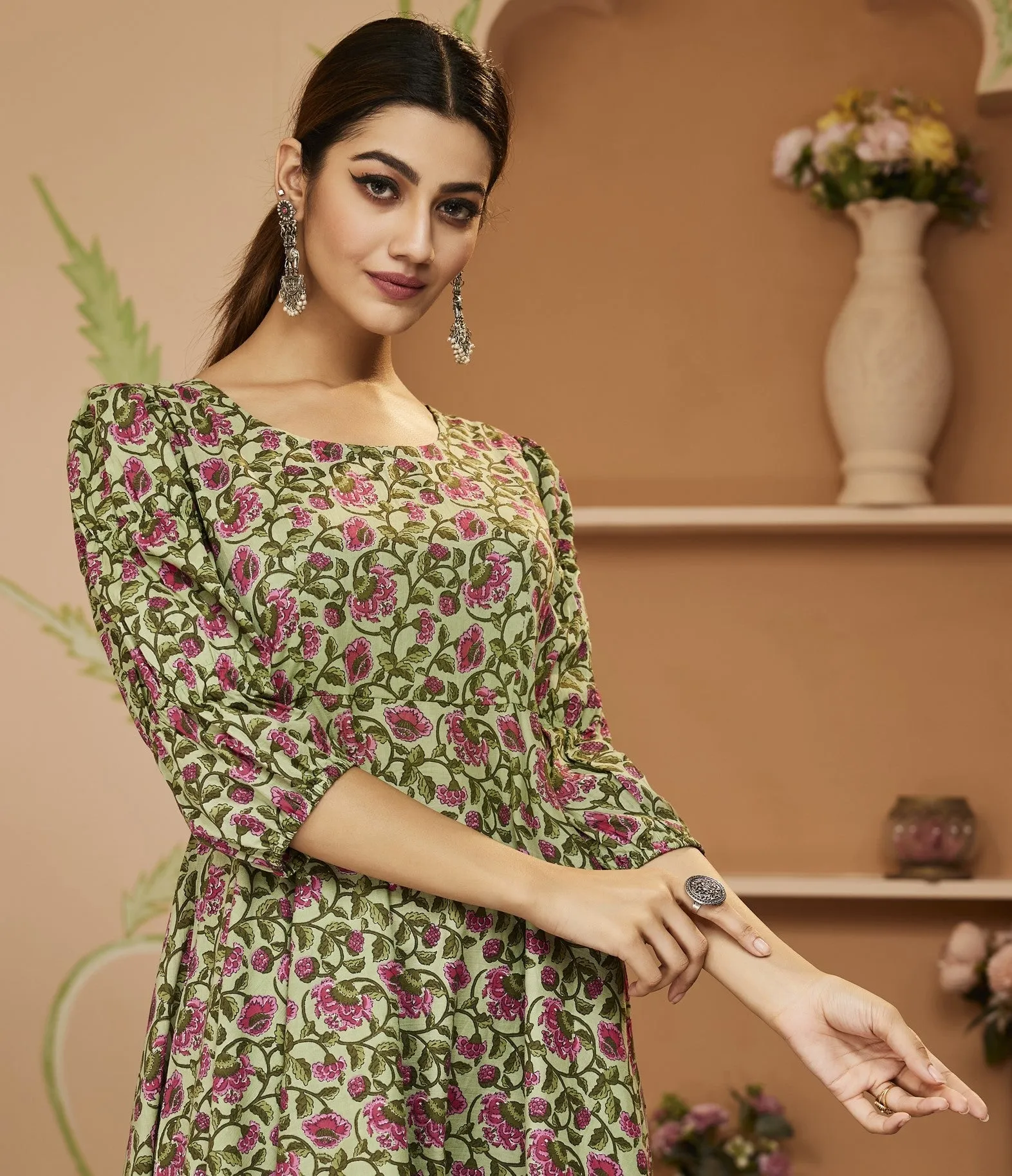 Hand Block Floral Printed Green Anarkali Cotton Kurta With Trousers