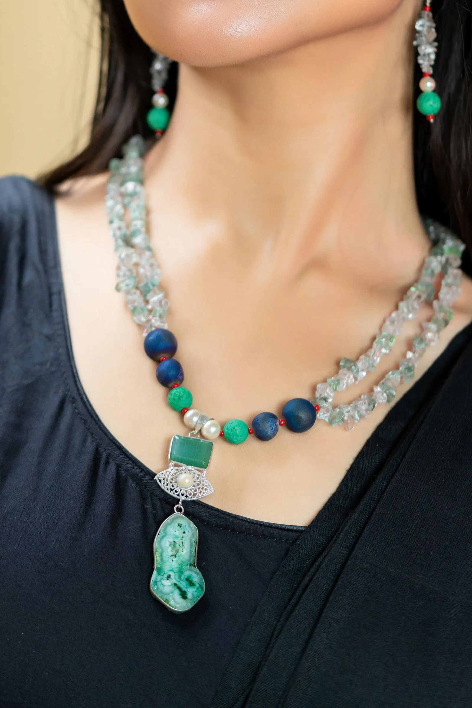 Handmade Blue Green Semi Precious Drazy Lava Agate Stone Chips Necklace with earrings Jewelry Set