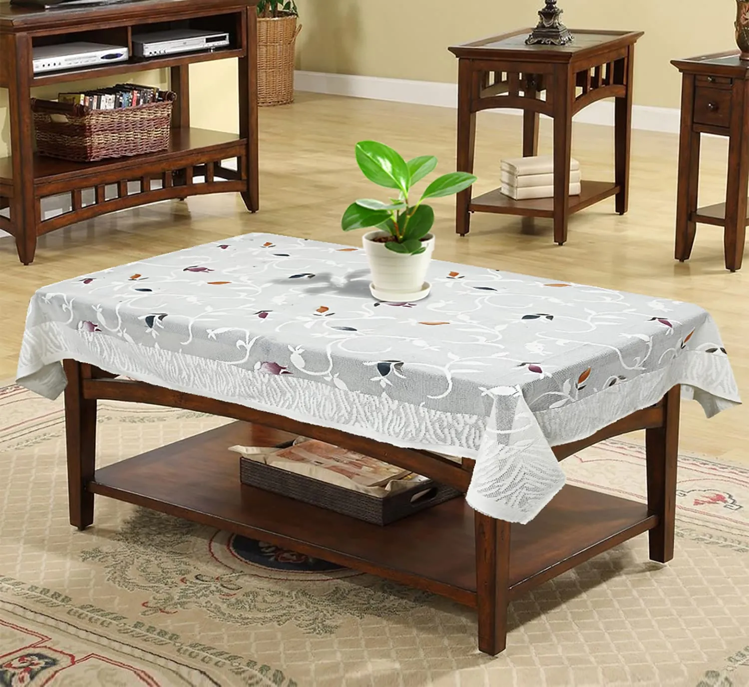 Heart Home Leaf Printed Home Decorative Luxurious 4 Seater Cotton Center Table Cover/Table Cloth, 40"x60" (White)-44HH022