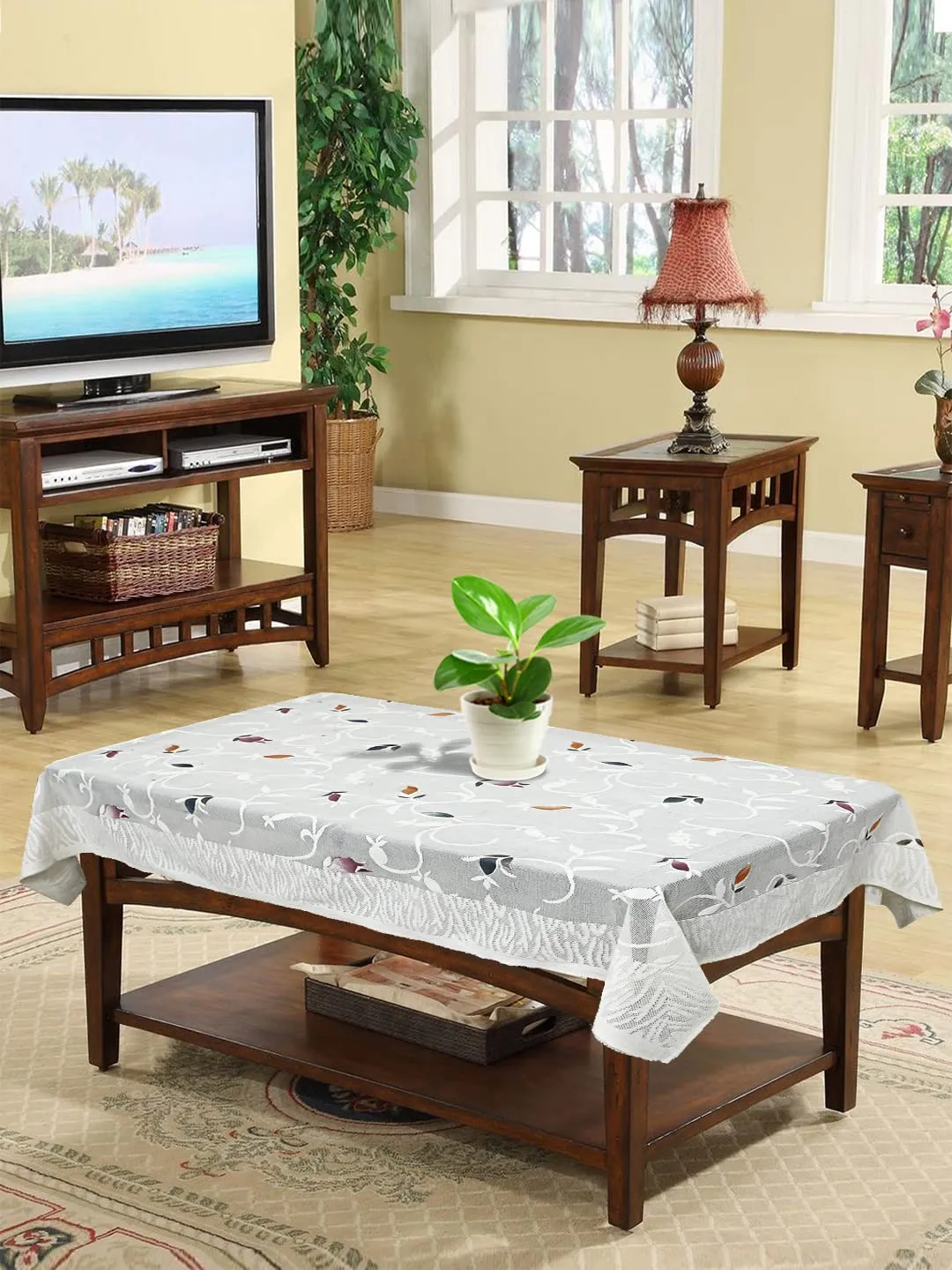 Heart Home Leaf Printed Home Decorative Luxurious 4 Seater Cotton Center Table Cover/Table Cloth, 40"x60" (White)-44HH022