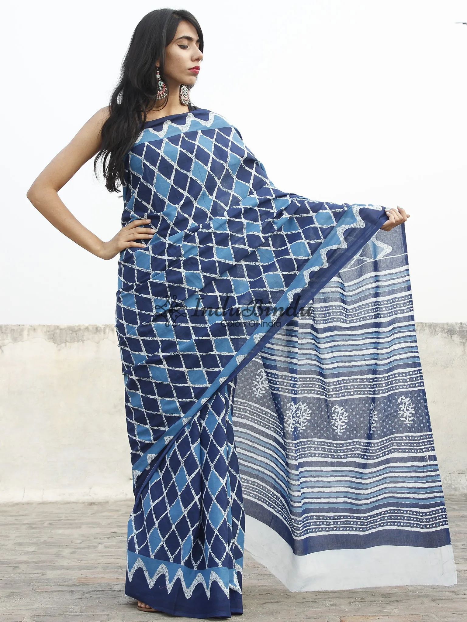 Indigo Blue Ivory Hand Block Printed Cotton Saree In Natural Colors - S031702355