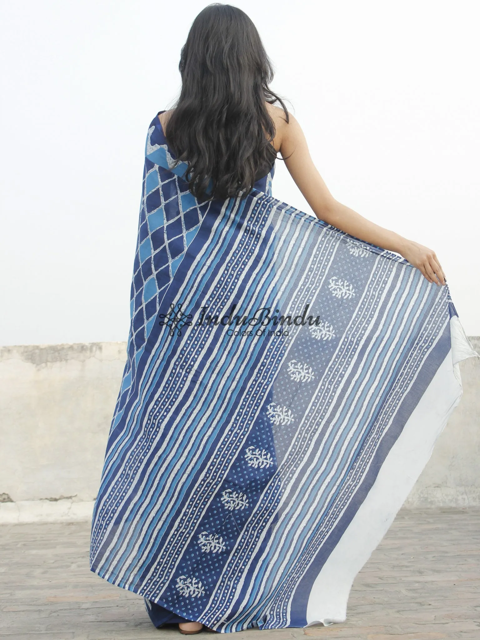 Indigo Blue Ivory Hand Block Printed Cotton Saree In Natural Colors - S031702355