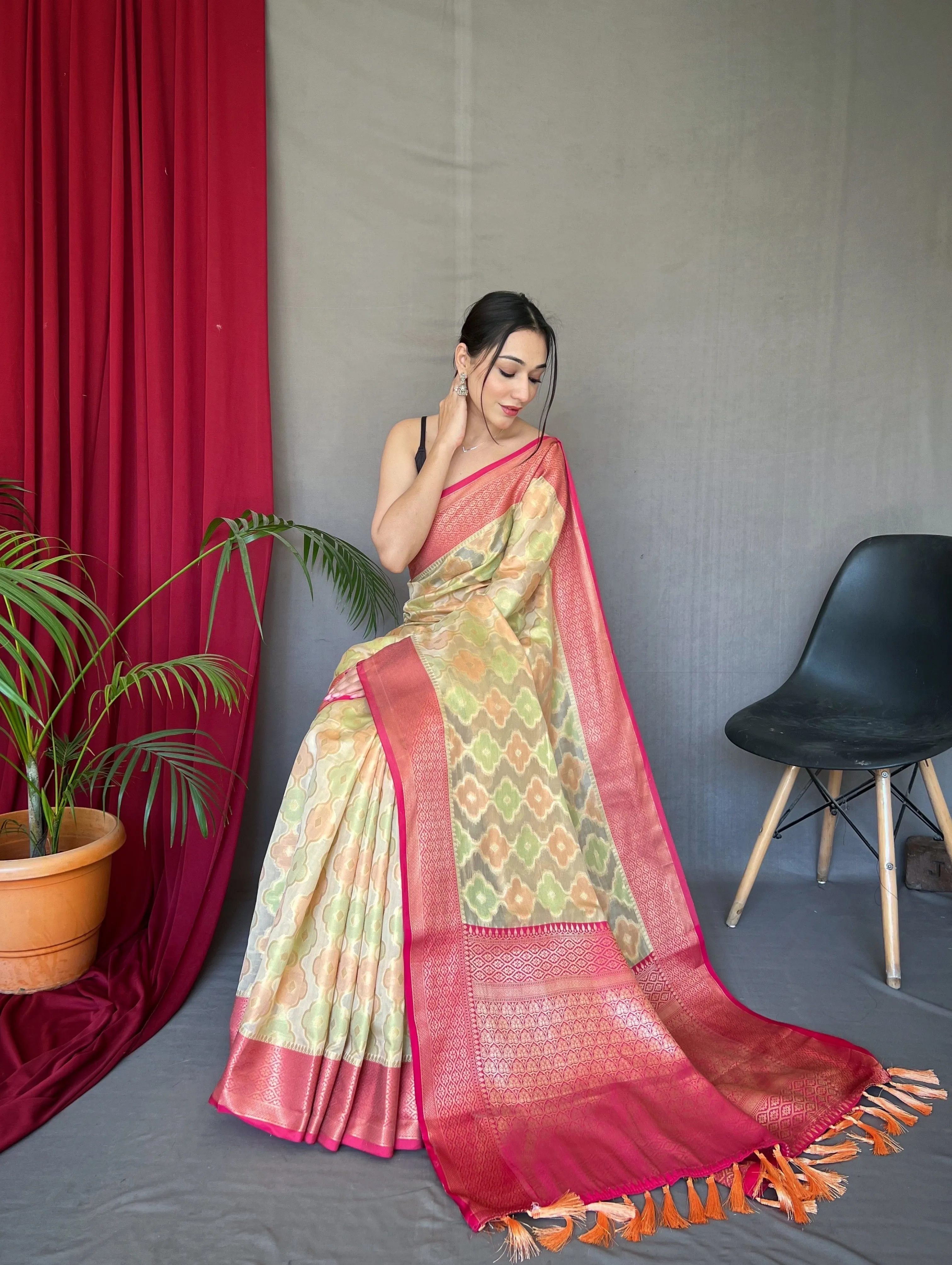 Ivory Cream Saree in Organza