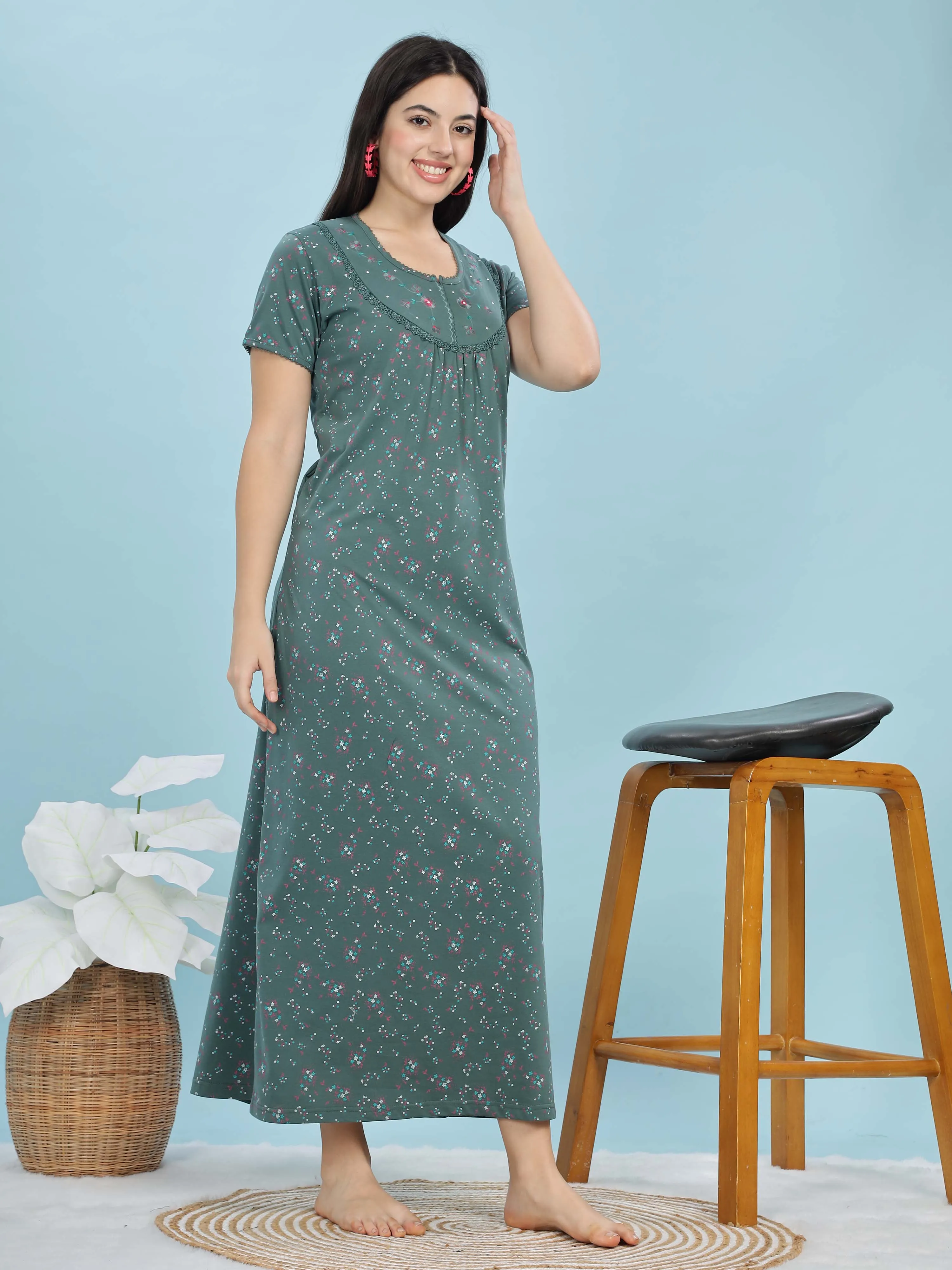 Jade Green Cotton Blend Maxi Nightdress for Women With Stylish Comfort