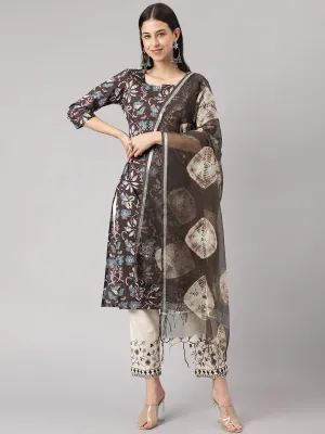 Jashvi Black Floral Cotton Kurta pant Set with Dupatta