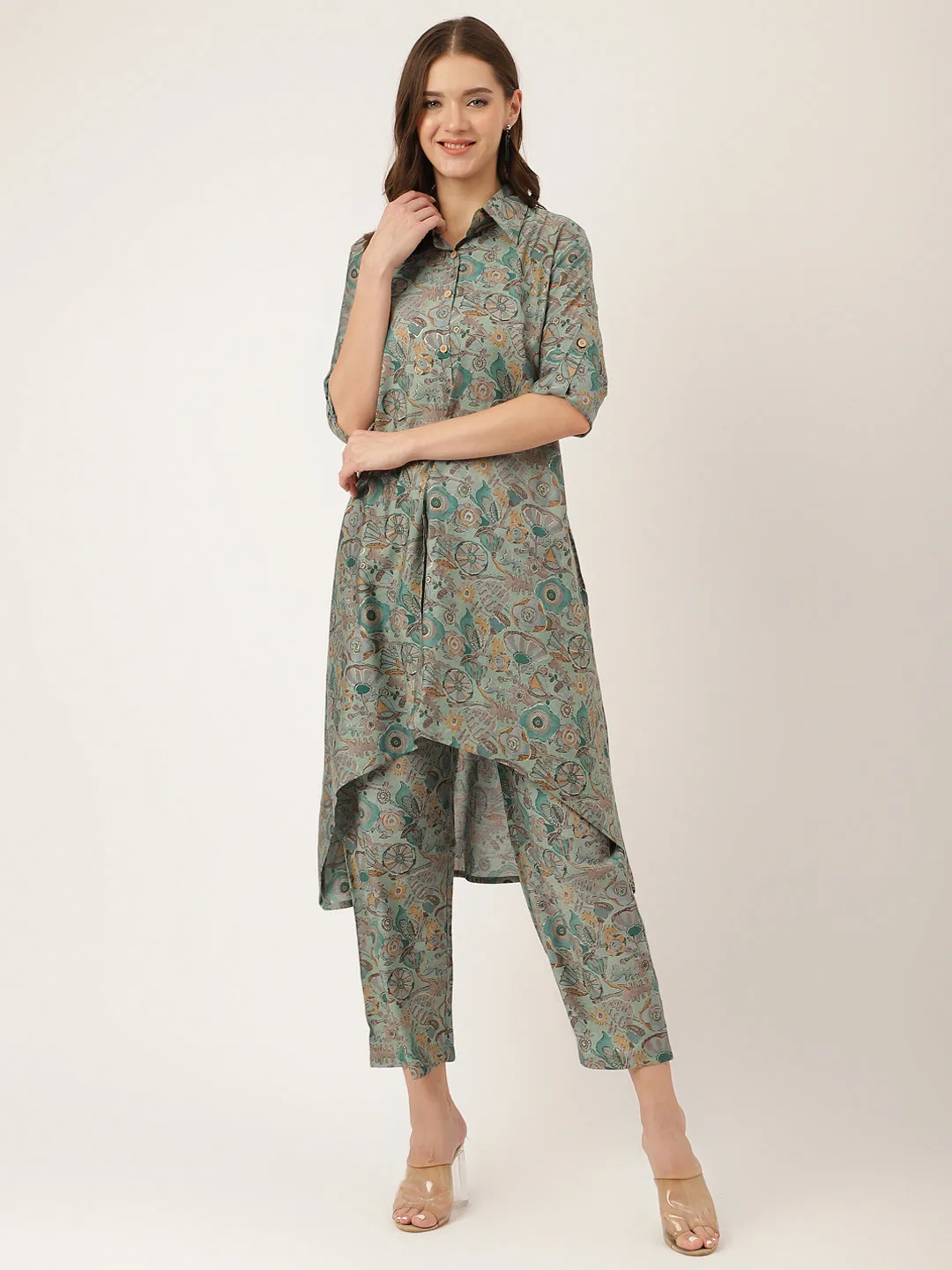 Jashvi Blue & Green Foil Printed Chanderi  Co-ord Set