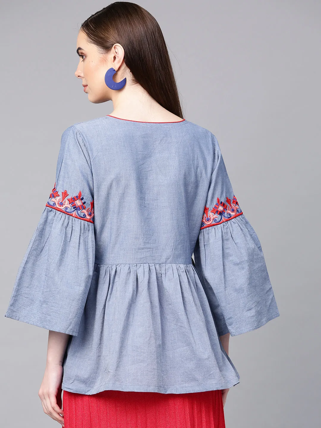 Jashvi Blue Embroidered A-Line Top