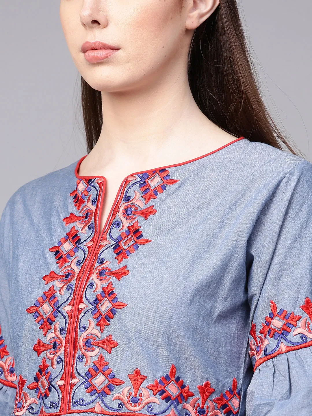 Jashvi Blue Embroidered A-Line Top