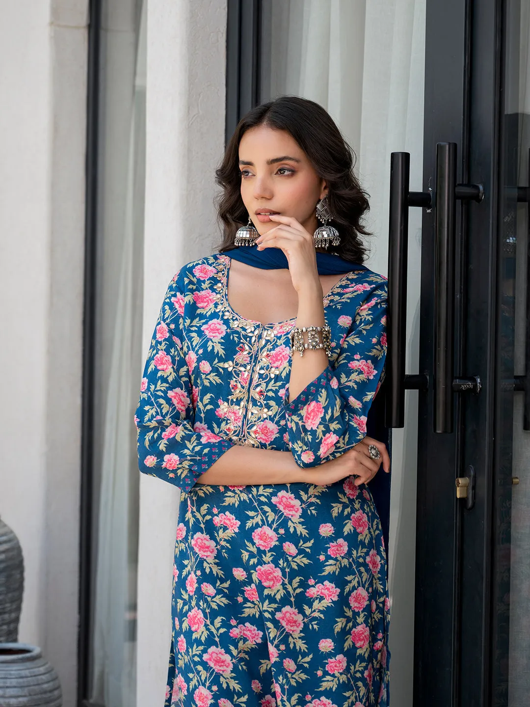 Jashvi Blue Embroidered Floral Print Muslin Kurta Set