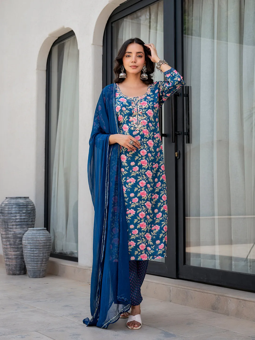 Jashvi Blue Embroidered Floral Print Muslin Kurta Set