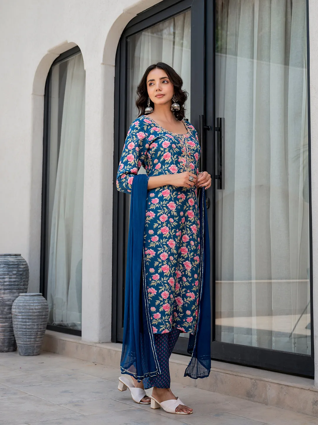 Jashvi Blue Embroidered Floral Print Muslin Kurta Set