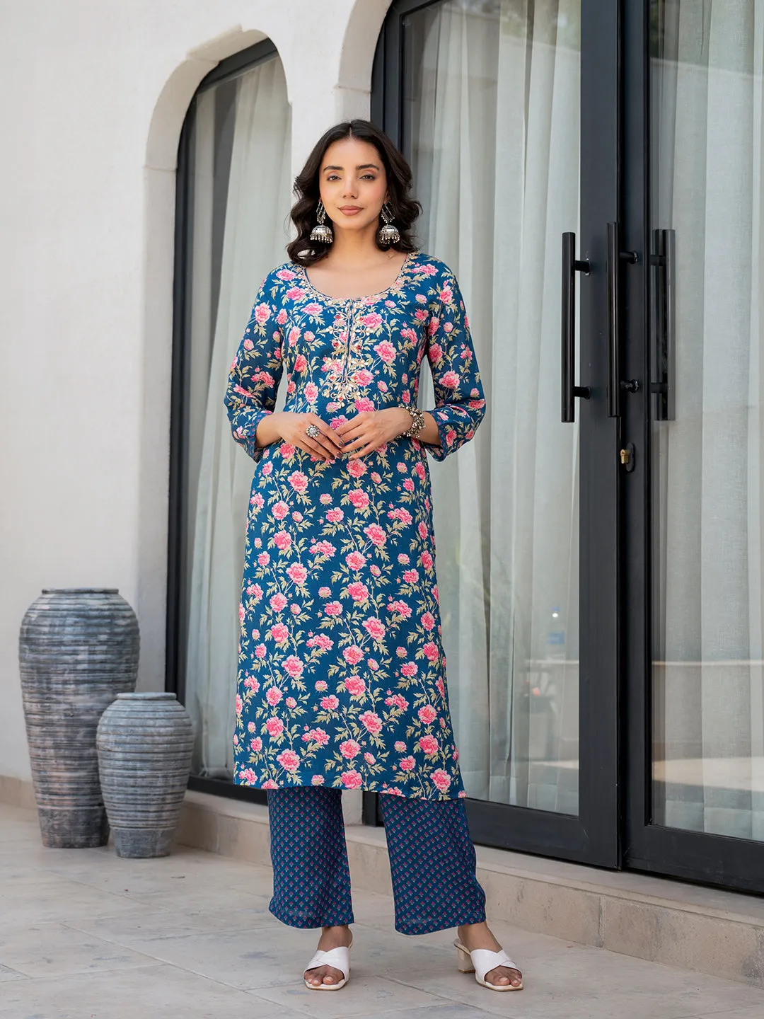 Jashvi Blue Embroidered Floral Print Muslin Kurta Set