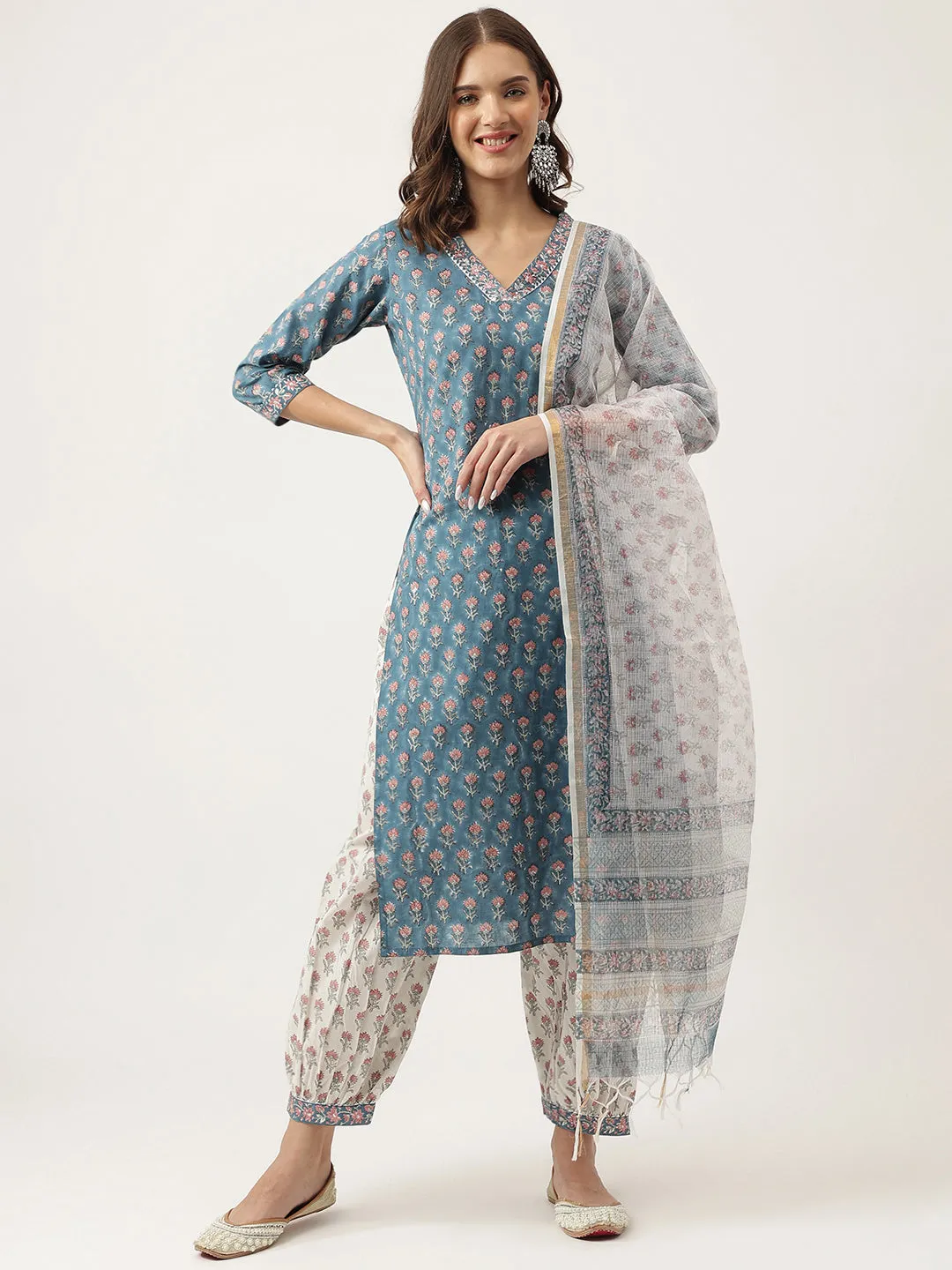 Jashvi Blue Floral Printed Cotton Embroidered kurta, Trouser with Dupatta