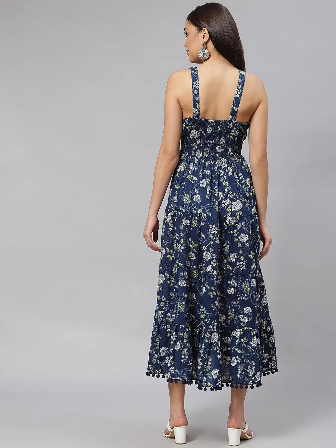 Jashvi Blue Floral Shoulder Strip Long Dress