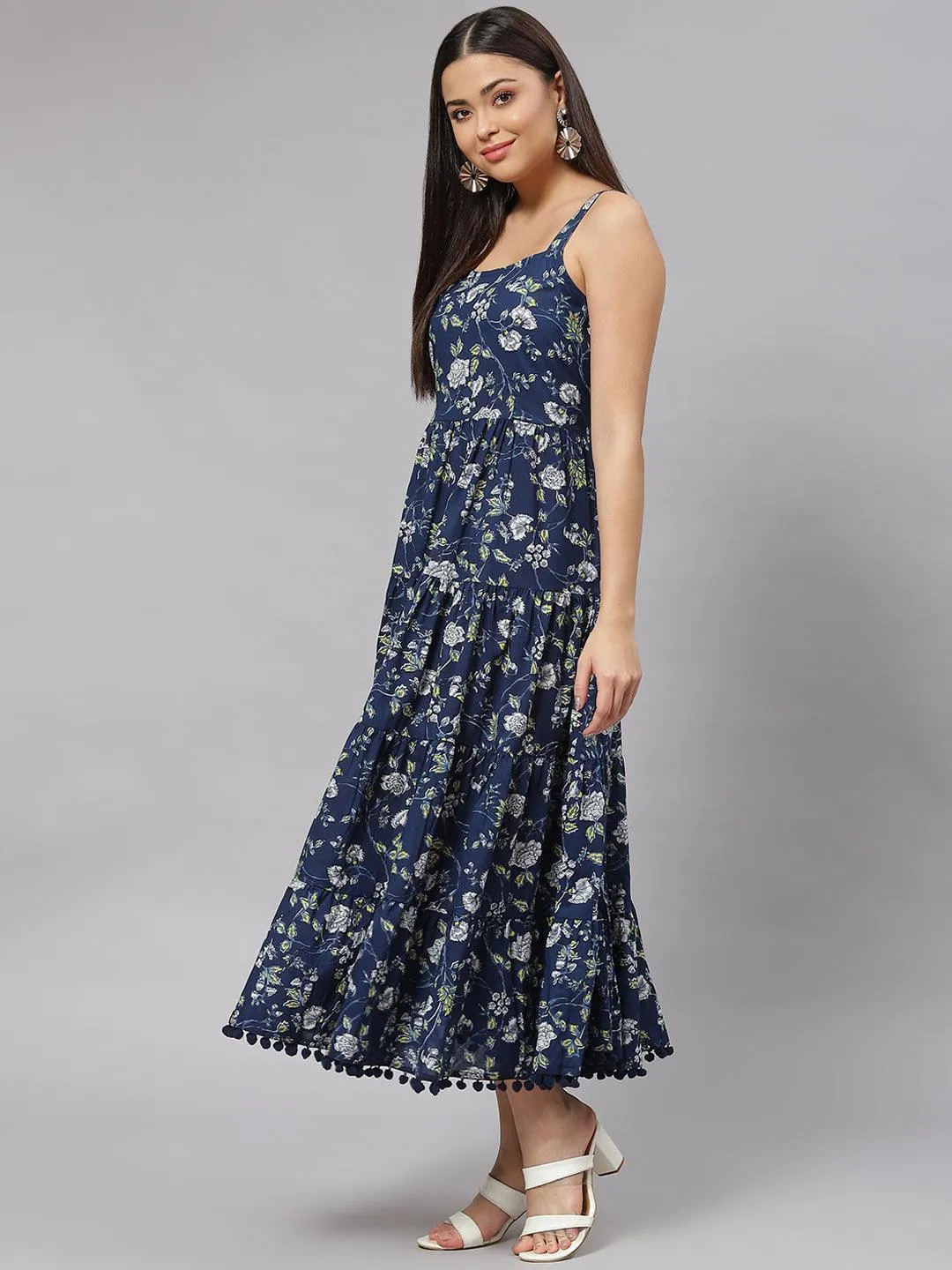 Jashvi Blue Floral Shoulder Strip Long Dress