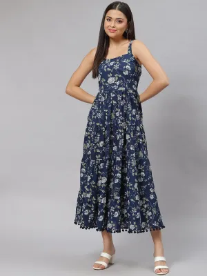 Jashvi Blue Floral Shoulder Strip Long Dress