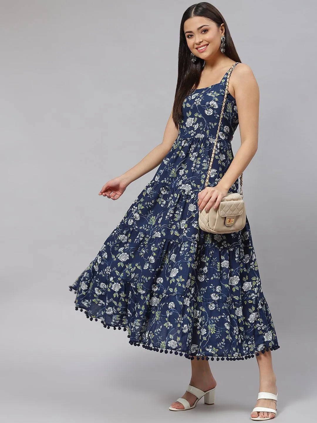 Jashvi Blue Floral Shoulder Strip Long Dress