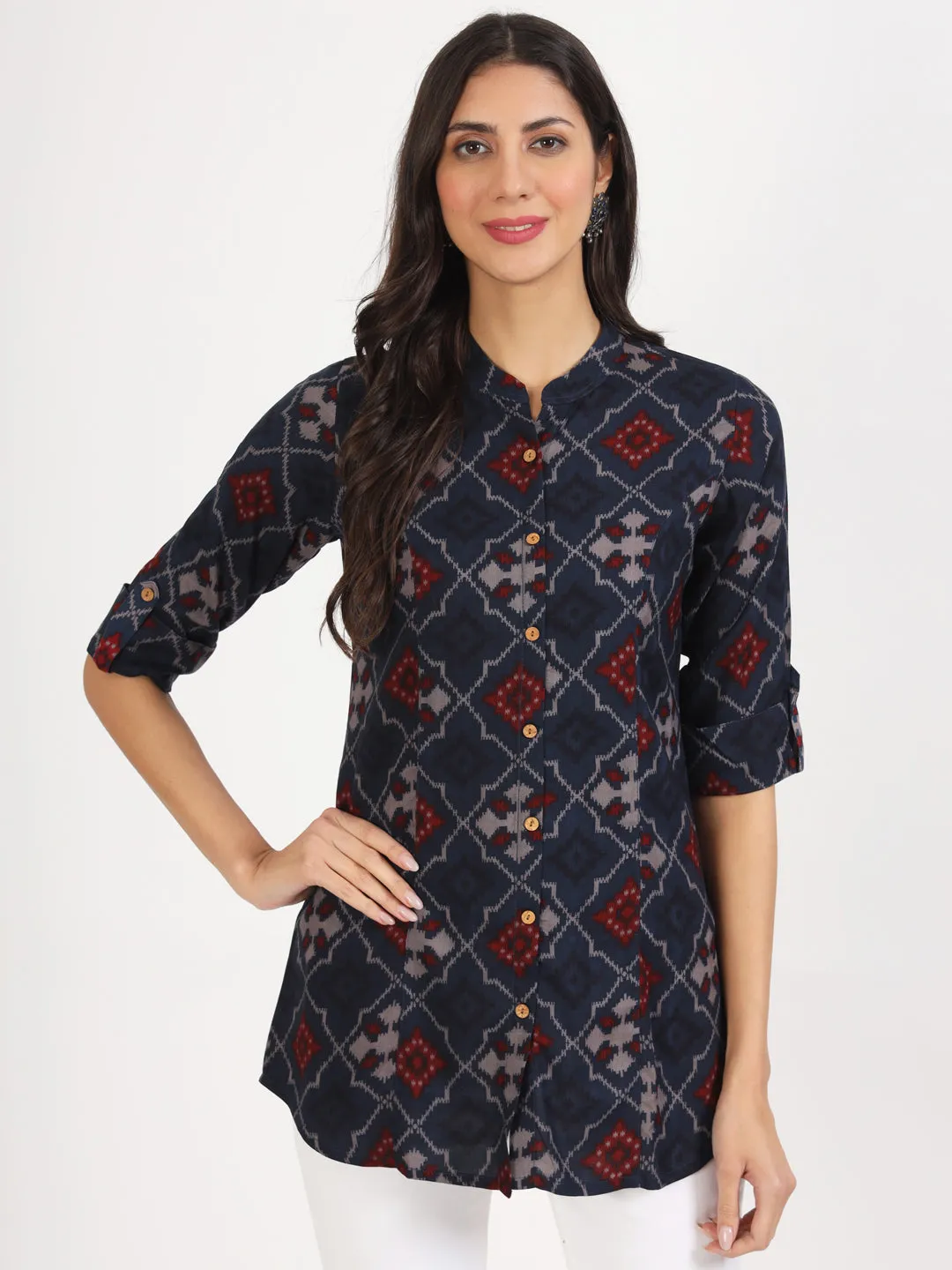 Jashvi Blue Geometric Printed Rayon Top