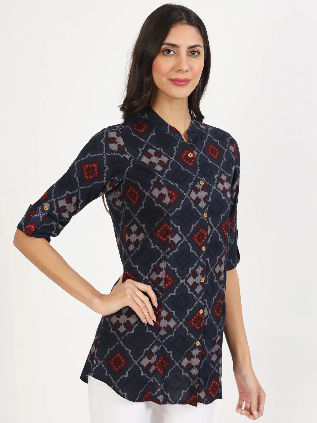 Jashvi Blue Geometric Printed Rayon Top