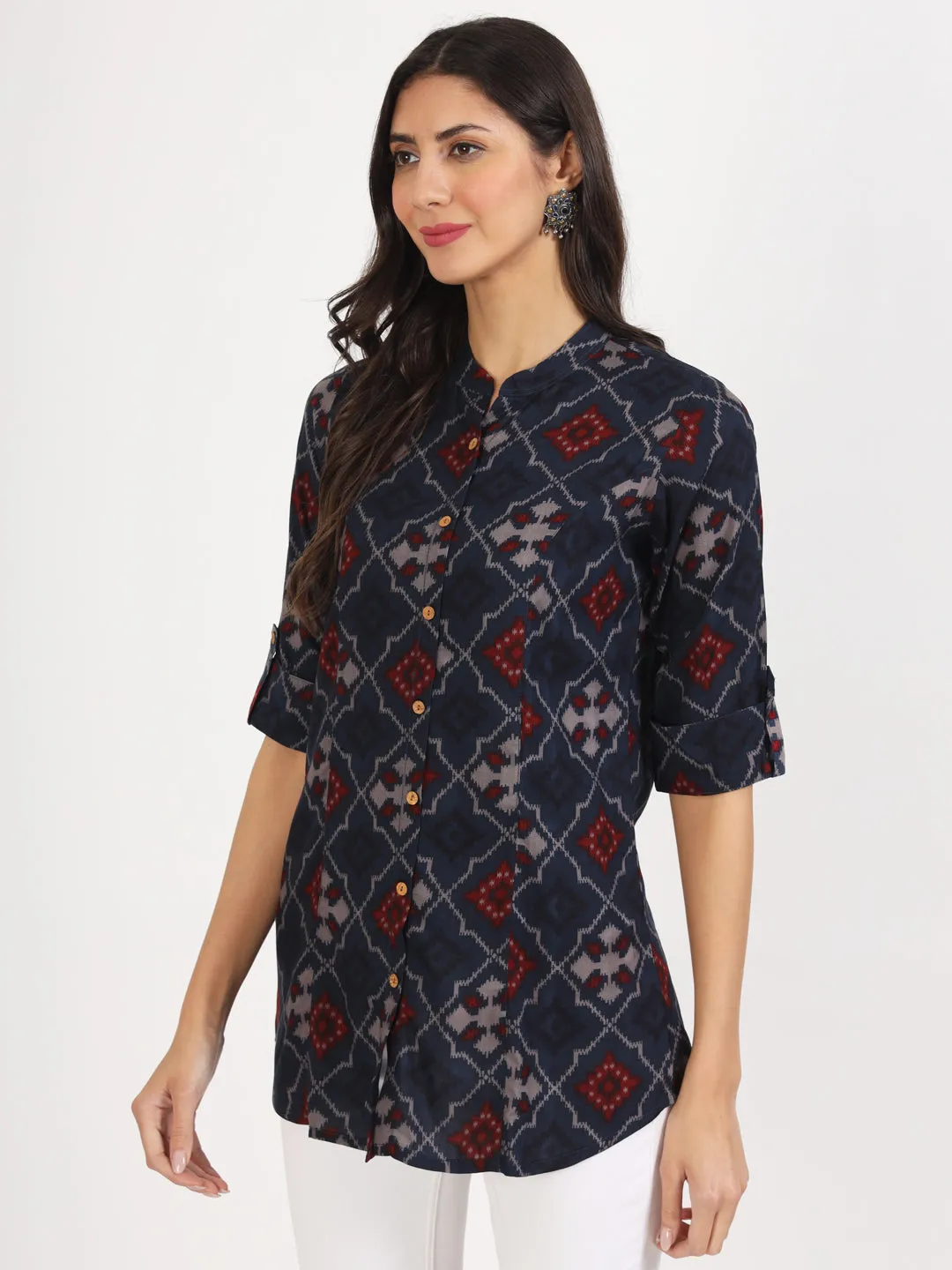 Jashvi Blue Geometric Printed Rayon Top