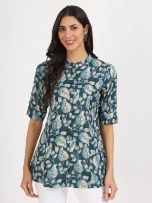 Jashvi Bottle Green Floral Printed Rayon Top