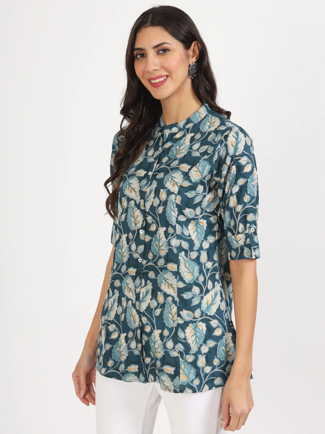 Jashvi Bottle Green Floral Printed Rayon Top